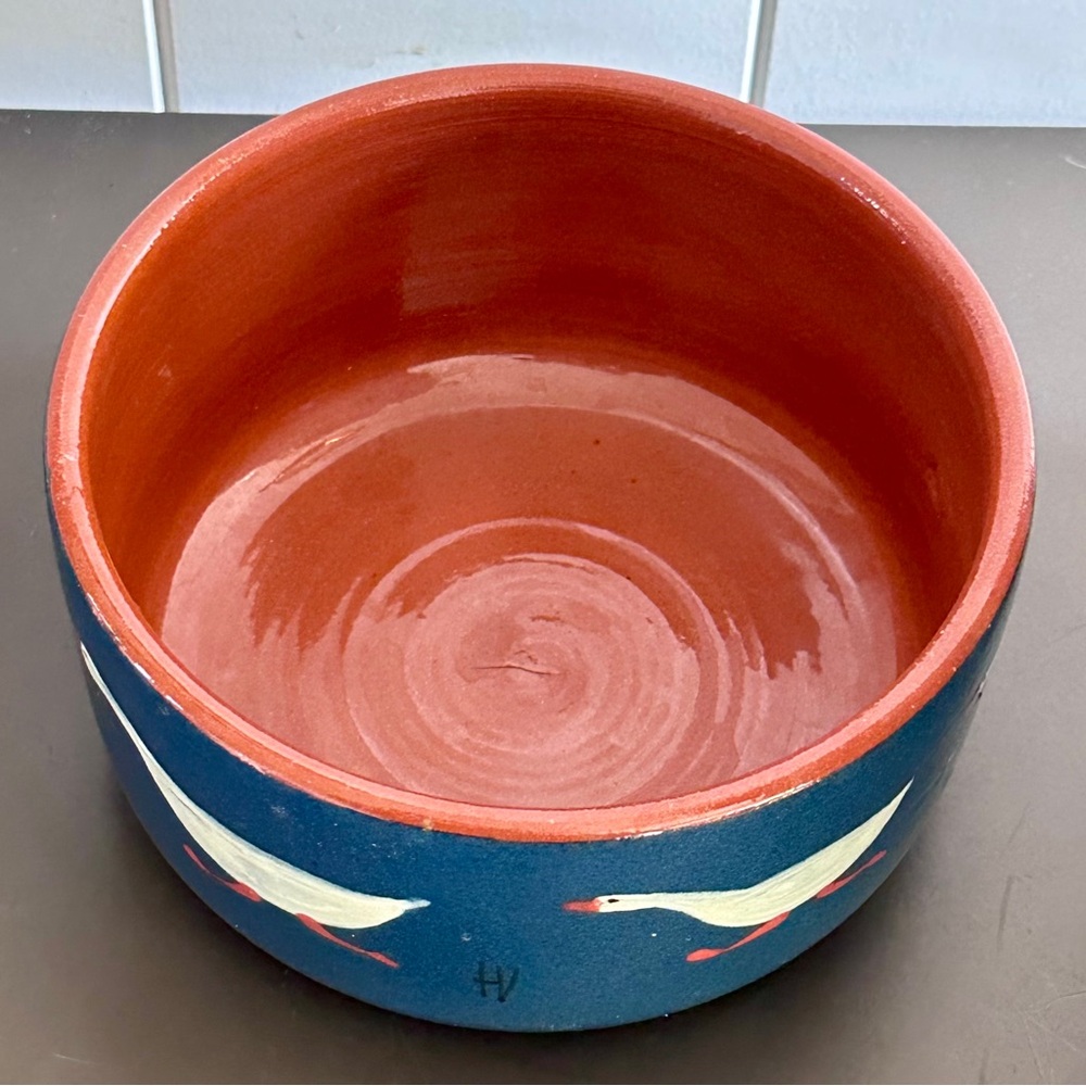 Vintage Pottery Ceramic Navy Glazed Terra Cotta Bowl w/ Running Goose Motif - Picture 3 of 15
